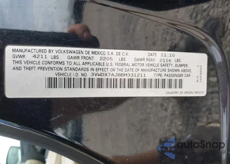 2011 Volkswagen Jetta 2.5L Se z USA, uszkodzony, nr VIN 3VWDX7AJ8BM331211